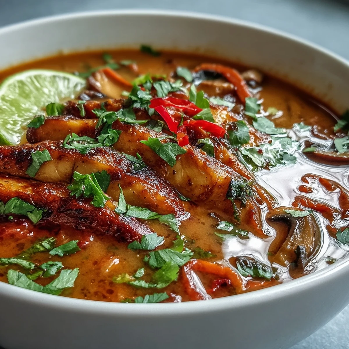 A spoon lifting Thai Coconut Curry Soup Bowl reveals tender chicken and mushrooms, with lime wedges and jasmine rice on the side for dipping.