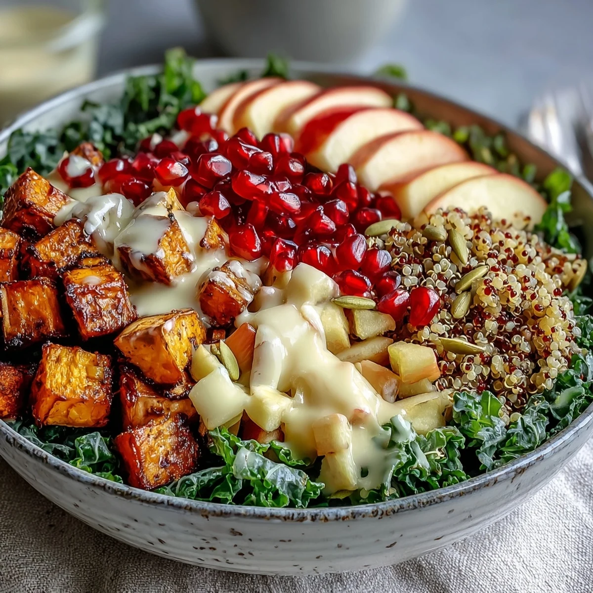 Dressed and ready to serve, the Kale Harvest Grain Bowl shines with jewel-like pomegranate seeds and crunchy pumpkin seeds.