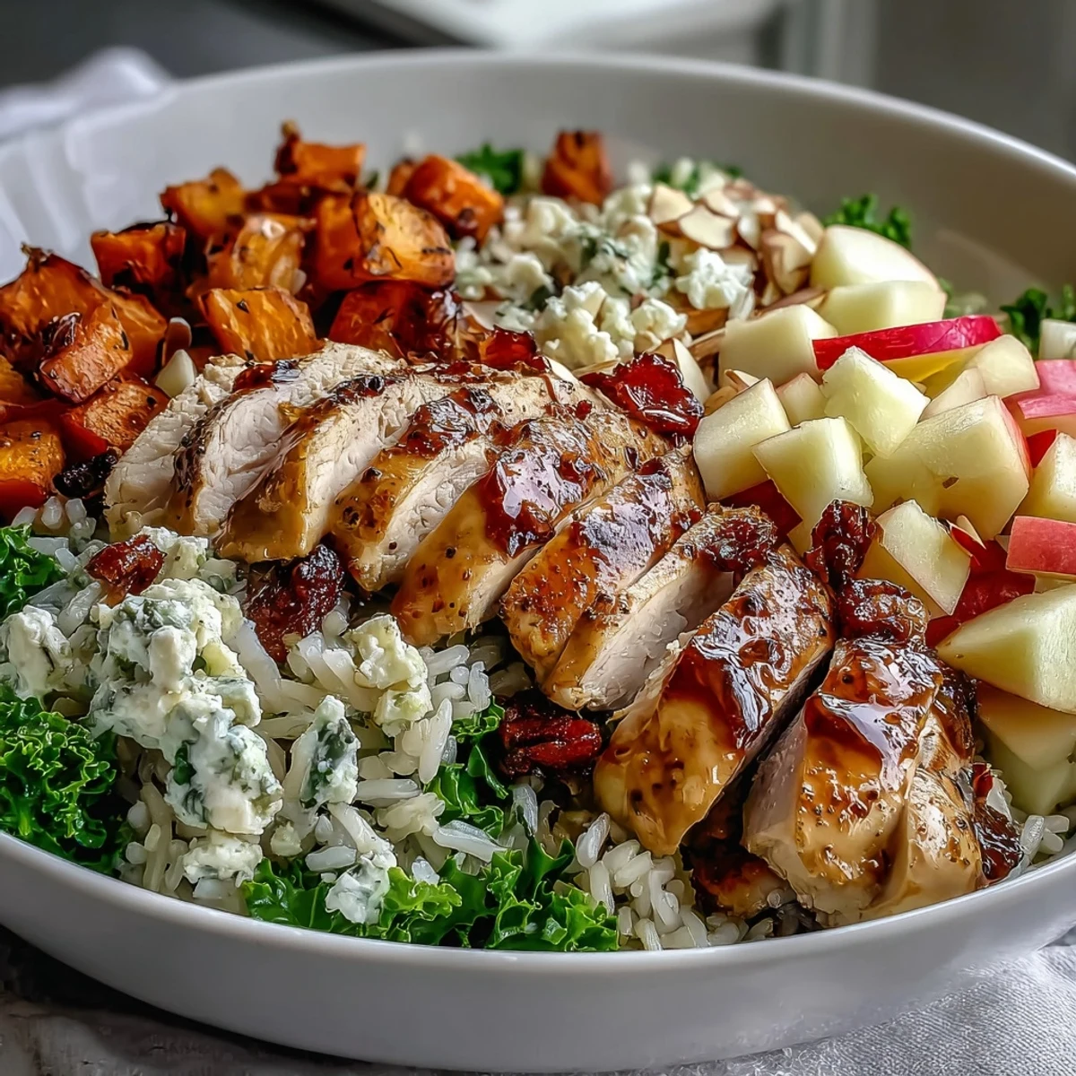 Freshly prepared Harvest Bowl featuring nutty wild rice, diced roasted sweet potatoes, crisp apple chunks, and sliced almonds, finished with a drizzle of rich balsamic dressing.