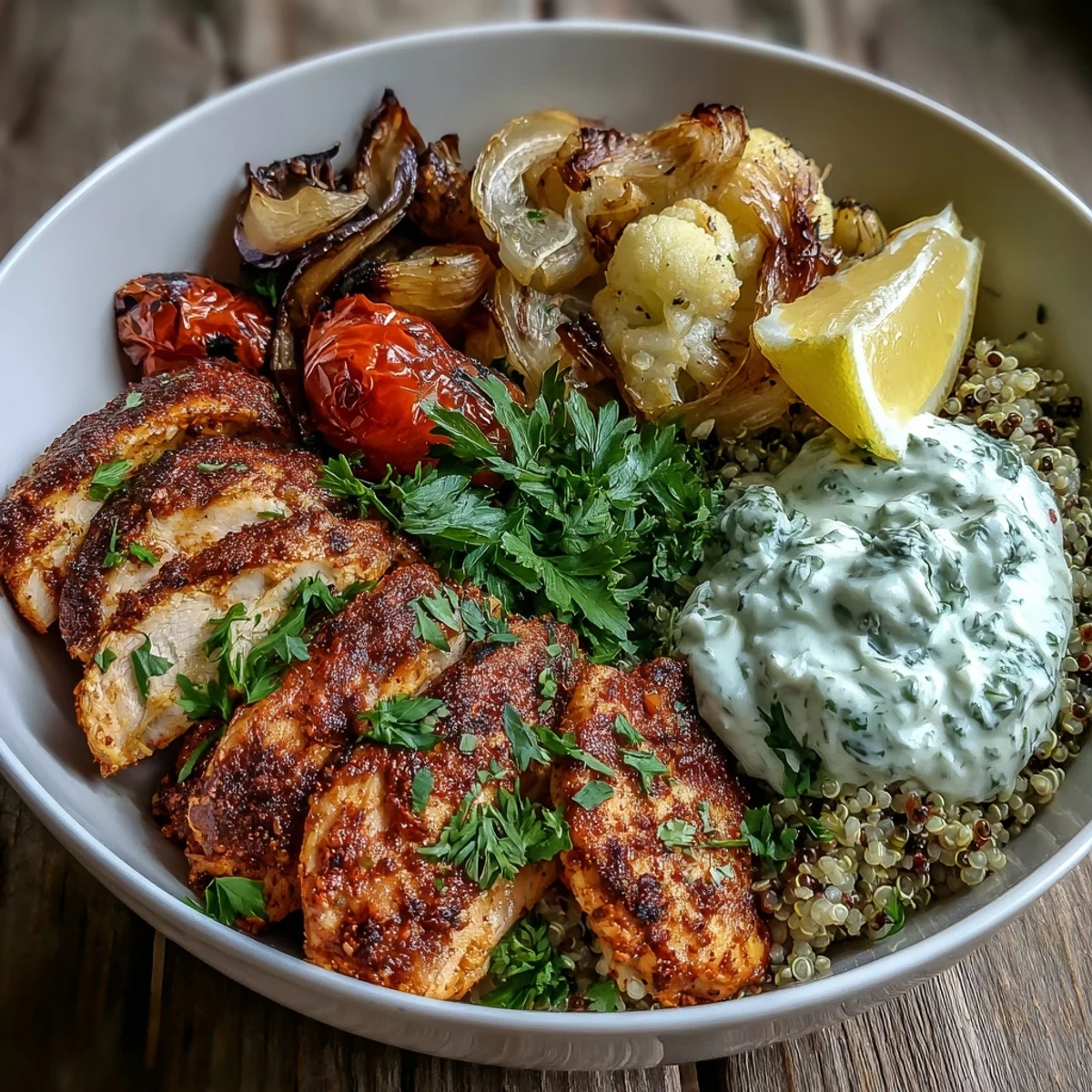 Paprika Herb Chicken Roasted Vegetable Quinoa Bowl topped with parsley and lemon wedges, a wholesome gluten-free meal for four.