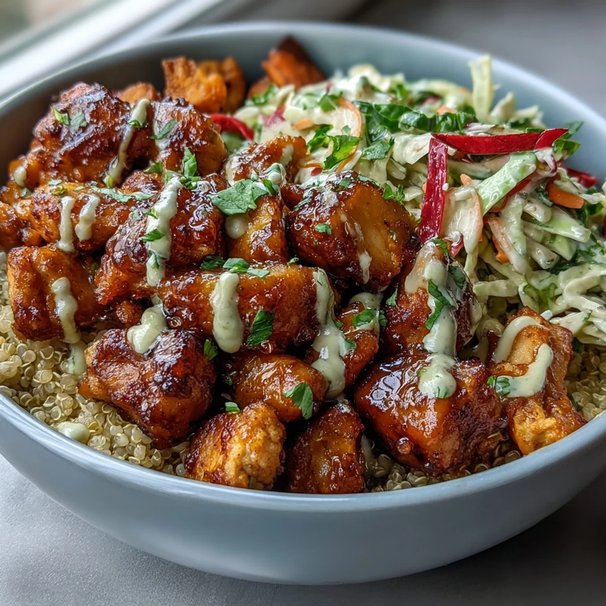 Drizzled with tangy hot honey mustard dressing, this colorful chicken bowl features crispy cabbage, tender sweet potatoes, and hearty quinoa for a satisfying meal.