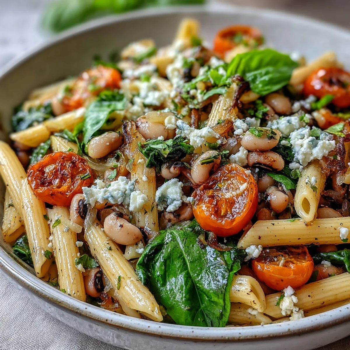 Black-Eyed Pea Pasta garnished with feta, basil, and cherry tomatoes on a rustic plate for a Mediterranean-inspired meal. 