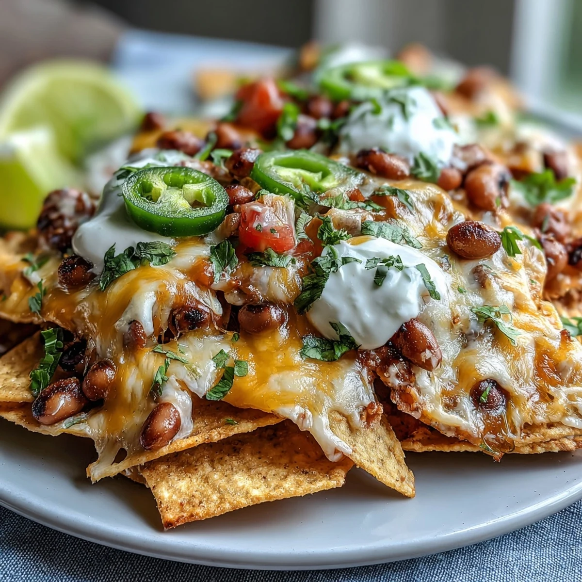 Heaping platter of Tex-Mex Black-Eyed Pea Nachos with sour cream dollops, diced tomatoes, and lime wedges ready to serve. 