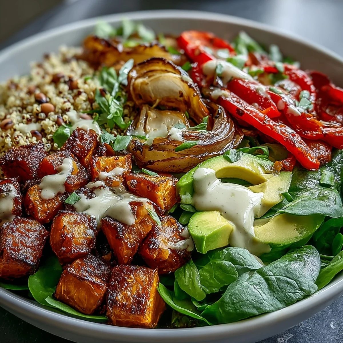 A vibrant Black-Eyed Pea Buddha Bowl topped with creamy avocado and fresh cilantro on a bed of fluffy quinoa.