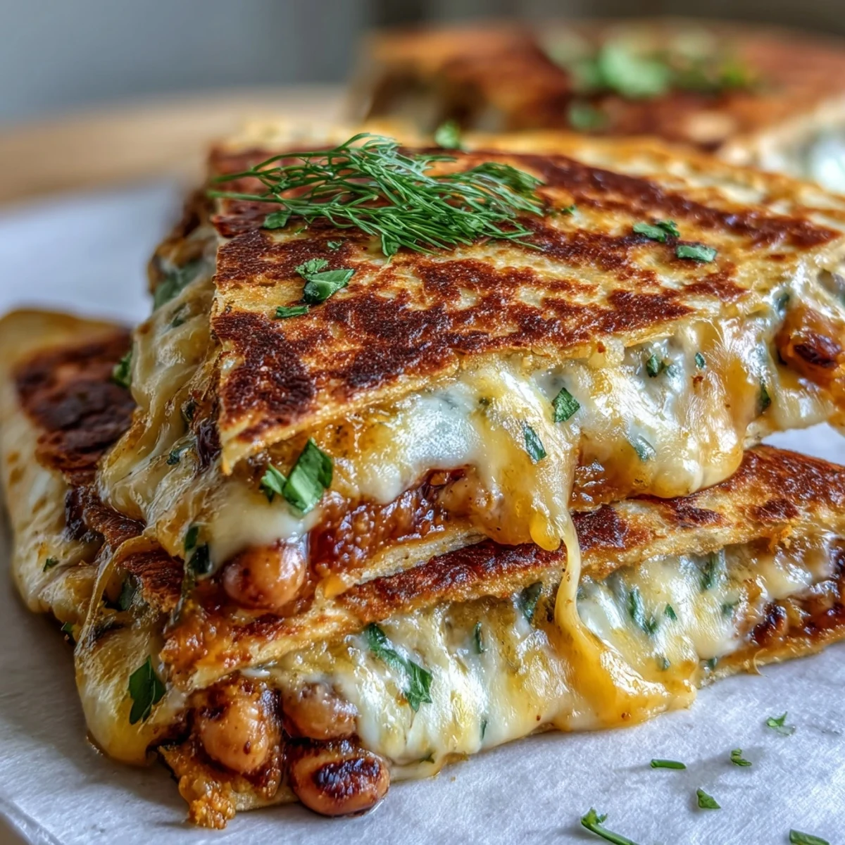 A close-up of a Black-Eyed Pea Quesadilla served with lime wedges and a dollop of sour cream.