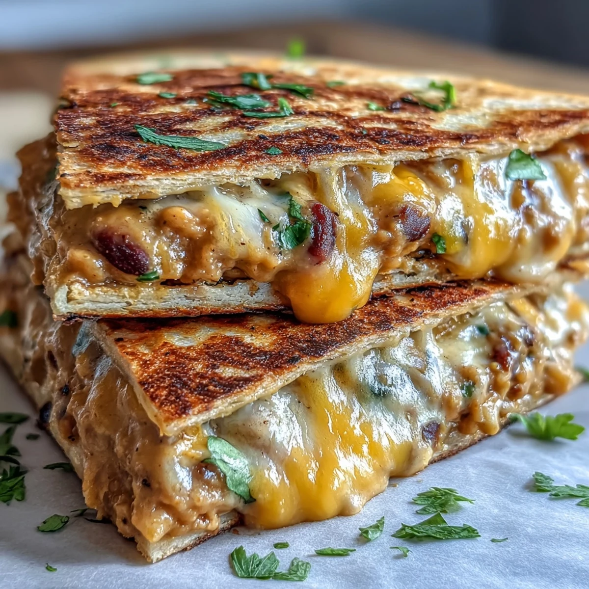 Sizzling Black-Eyed Pea Quesadilla in a skillet, revealing a creamy, protein-packed vegetarian filling.