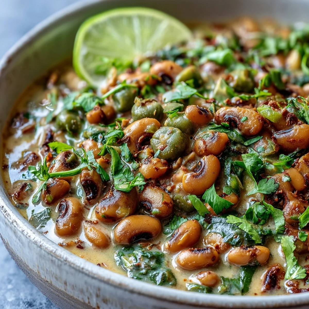 Freshly made Black-Eyed Pea Curry simmering in a pot, featuring creamy coconut milk, golden turmeric, and fresh cilantro garnish for a warm, aromatic meal.
