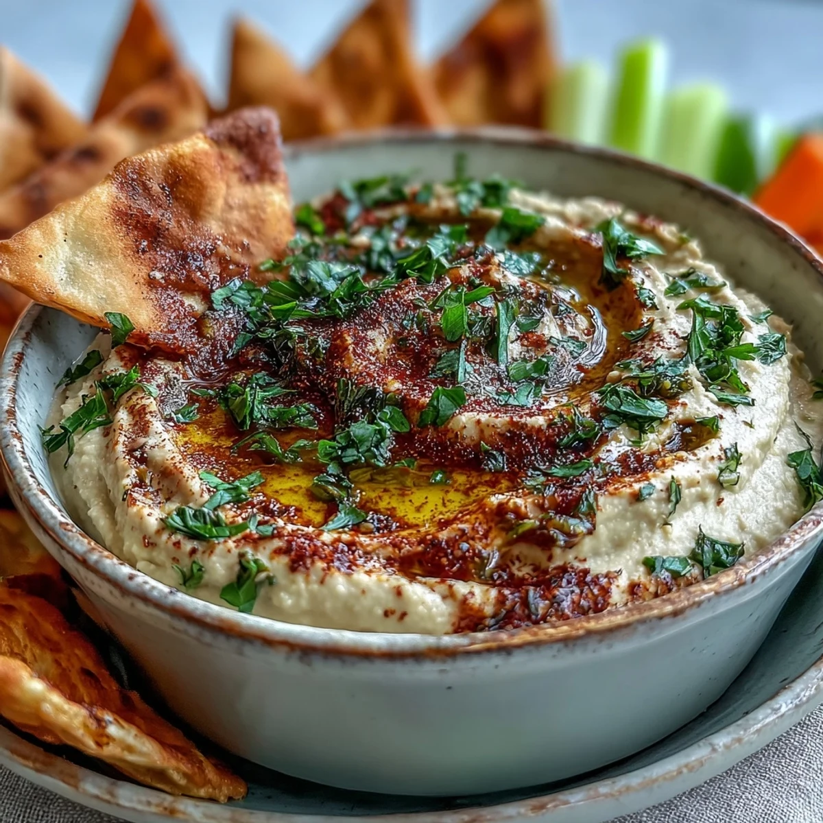Smooth, protein-rich black-eyed pea hummus garnished with parsley and paprika, paired with colorful bell peppers and warm pita.