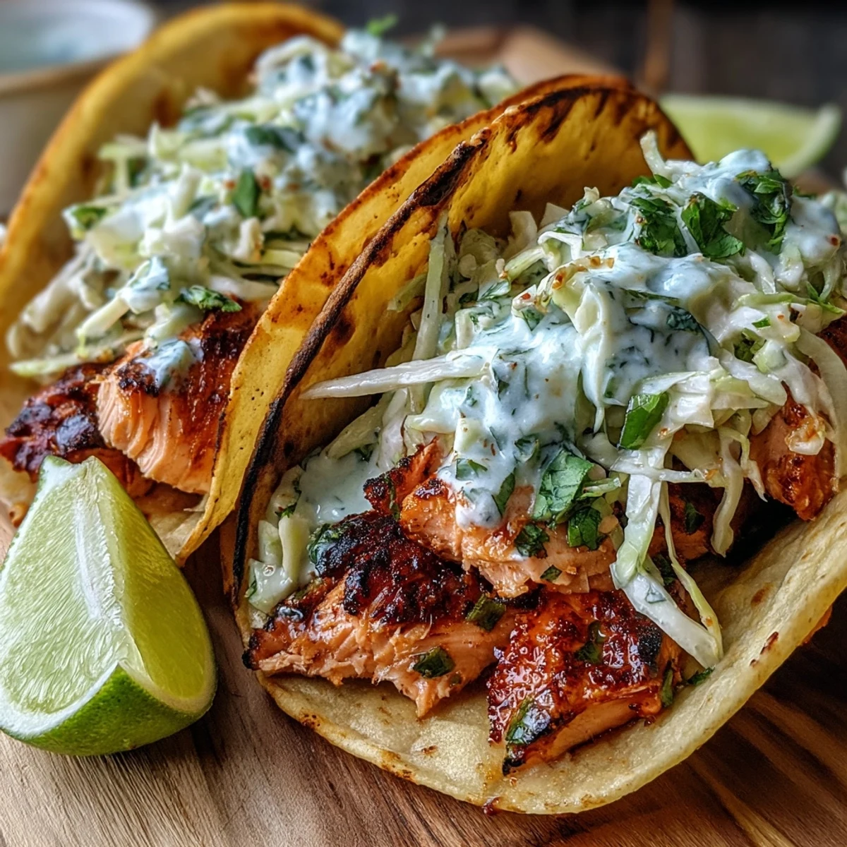 Golden-brown Air Fryer Salmon Tacos With Slaw are nestled in warm corn tortillas, garnished with fresh cilantro. 