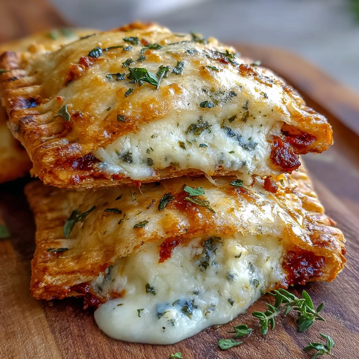 Golden-brown High Protein Pizza Hot Pockets fresh from the oven with melted cheese peeking from the crimped edges.