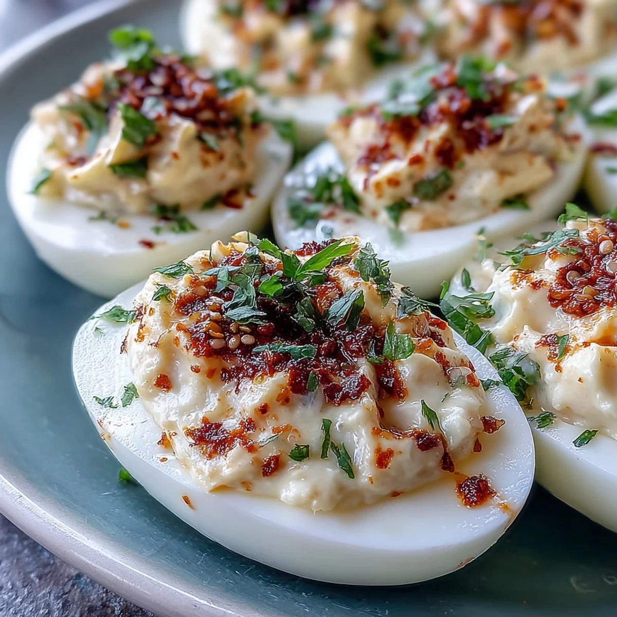 Golden-finished Spicy Chili Garlic Deviled Eggs sit on a platter, garnished with fresh cilantro and toasted sesame seeds for a vibrant look.