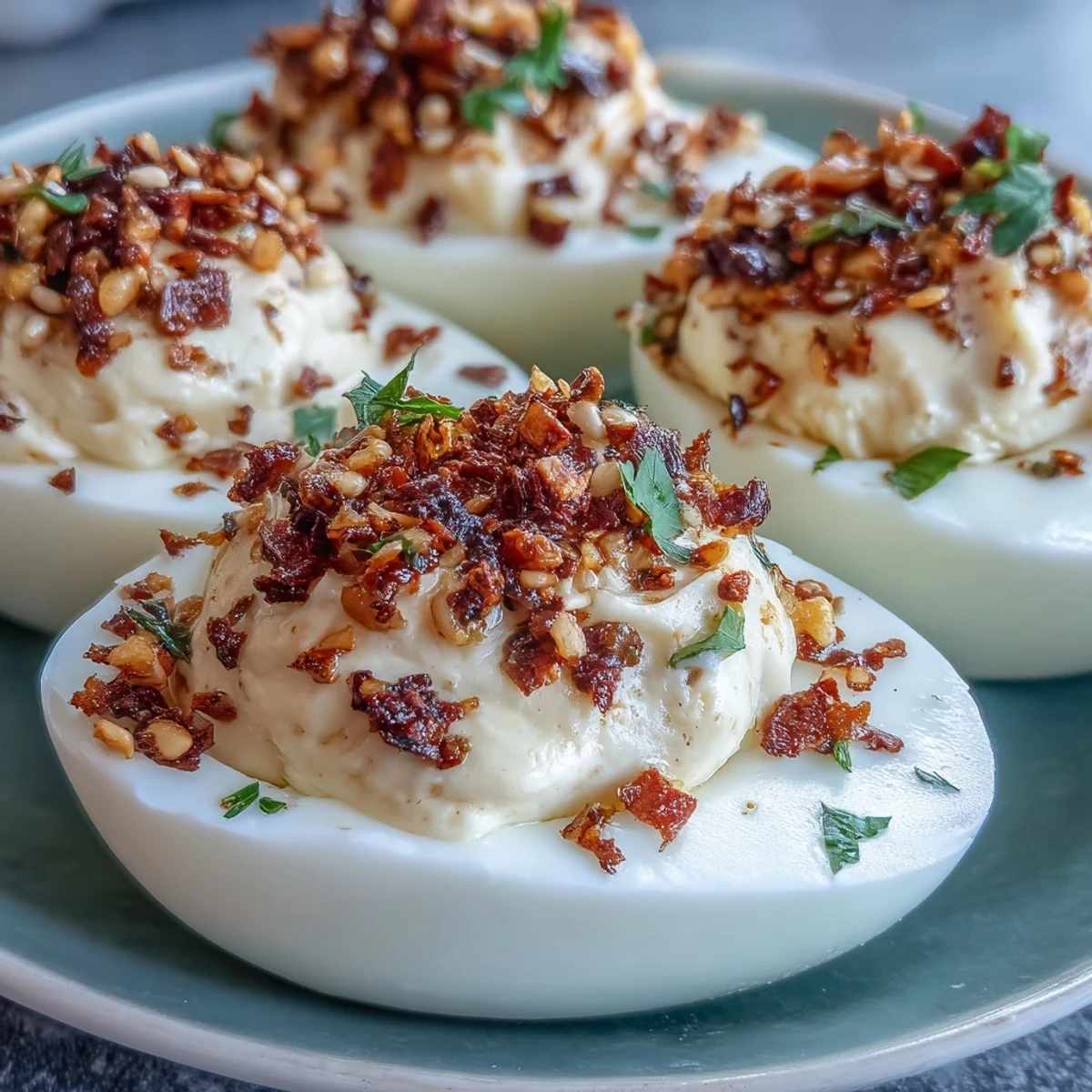 Easy appetizer plated with deviled egg halves, showcasing a bold, spicy chili garlic topping and finely chopped scallions for garnish.