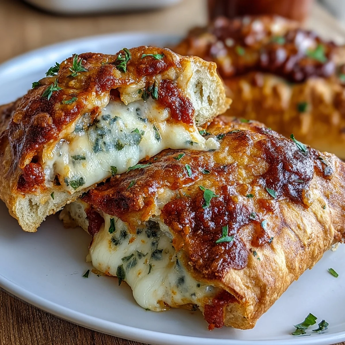 Golden-brown High Protein Pizza Hot Pockets sit on a wire cooling rack, steam rising from melted mozzarella peeking through the flaky crust.