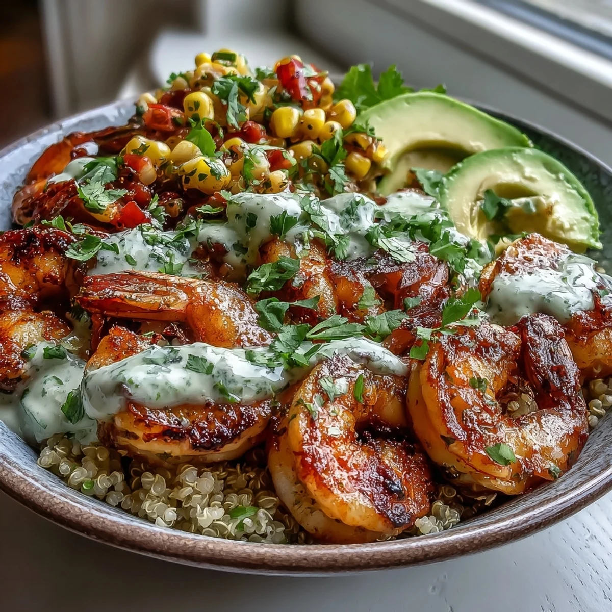 A colorful Grilled Shrimp Bowl with corn salsa, sliced avocado, and creamy garlic sauce over rice for dinner.