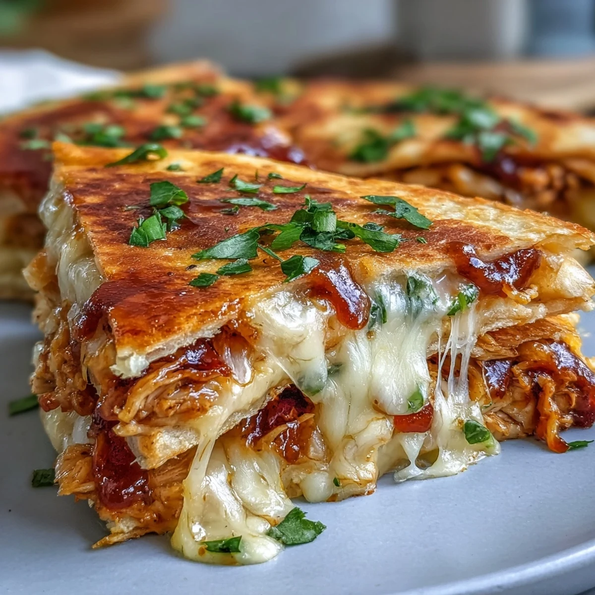 Golden-brown Hot Honey BBQ Chicken Quesadillas sit on a rustic board, oozing melted cheddar and mozzarella with fresh cilantro.