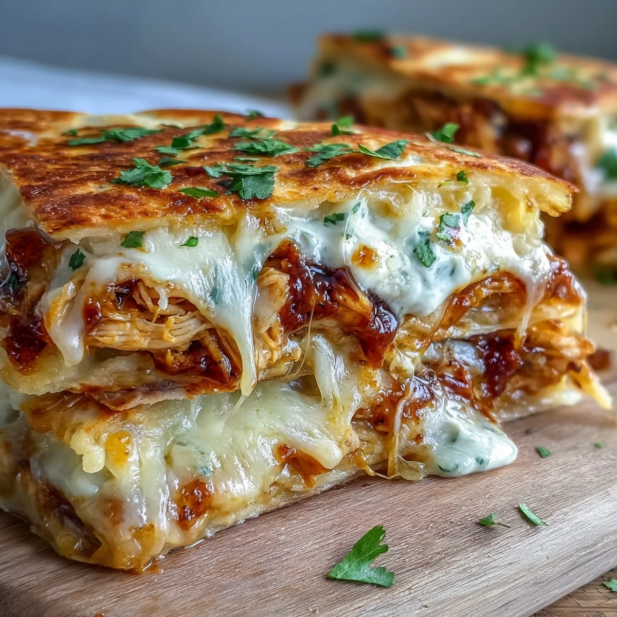 A close-up shows Hot Honey BBQ Chicken Quesadillas sliced into wedges, highlighting tender shredded chicken and sautéed peppers inside the crispy tortilla.