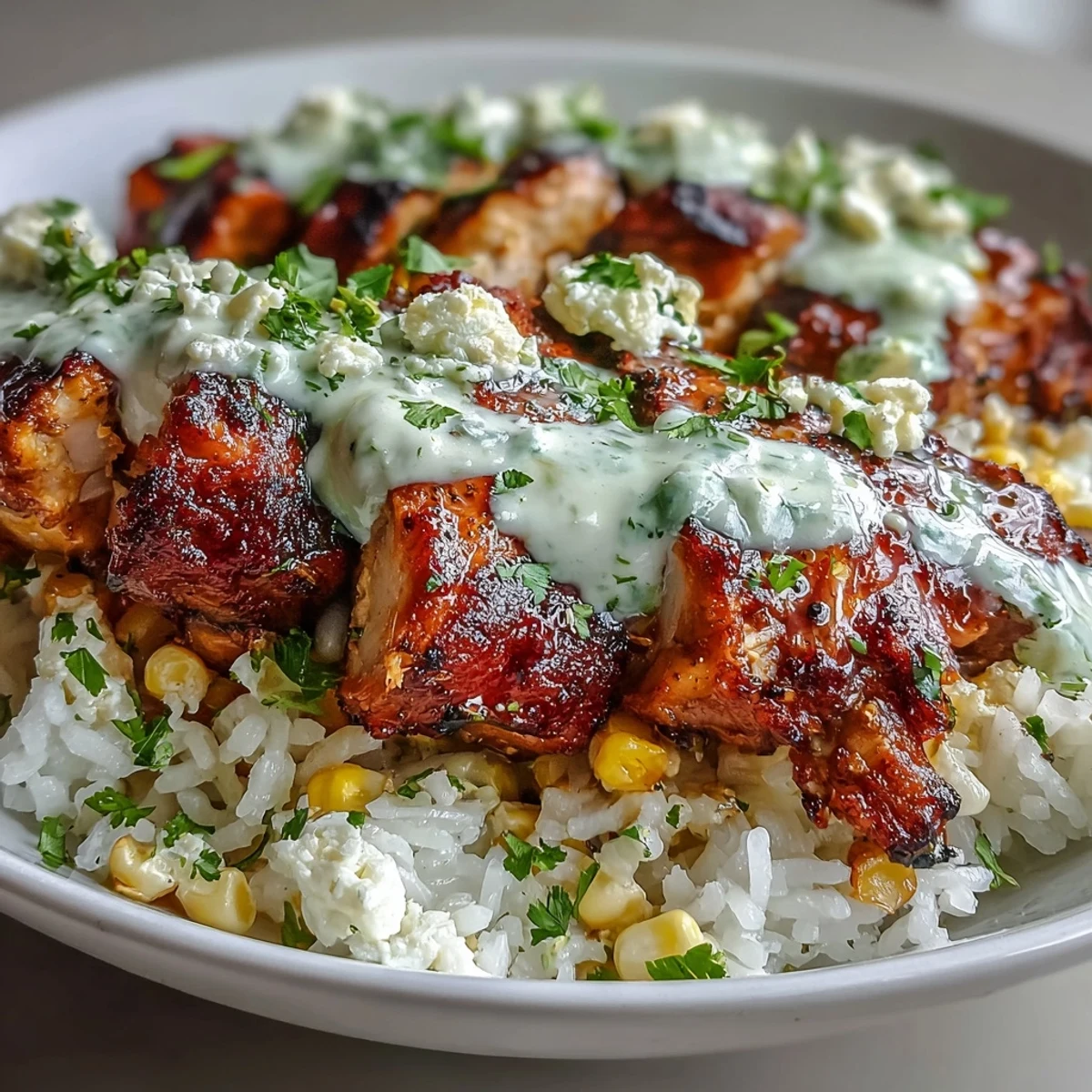 Fluffy rice topped with juicy seasoned chicken and charred Mexican street corn in a vibrant bowl.