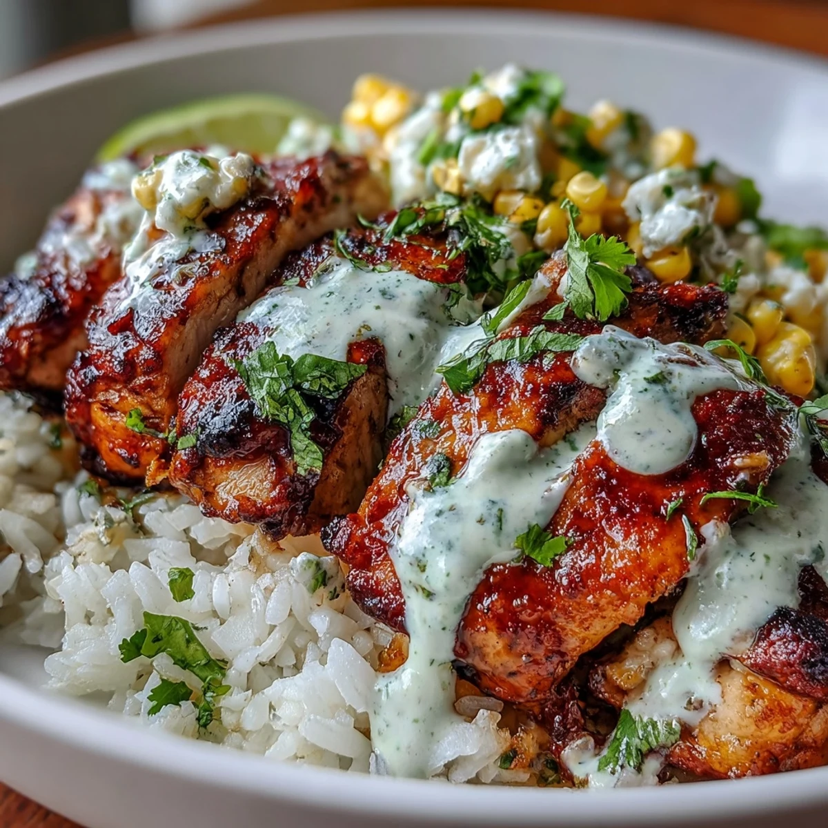 Sliced avocado and creamy tajín-lime sauce garnish this Street Corn Chicken Rice Bowl for weeknight dinners.