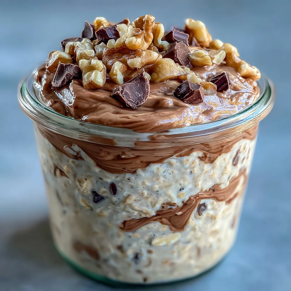 Creamy Chunky Monkey Protein Overnight Oats layered with banana slices and dark chocolate chips in a jar.  