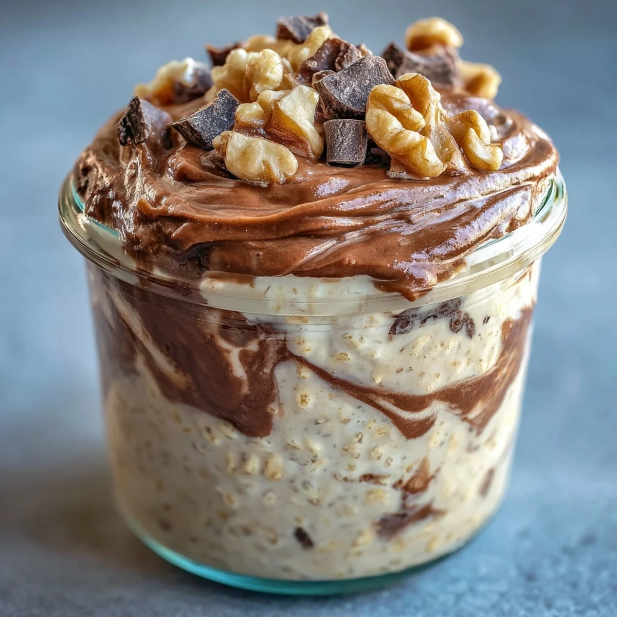 Healthy Chunky Monkey Protein Overnight Oats with bananas, chocolate, and walnuts served chilled for breakfast.