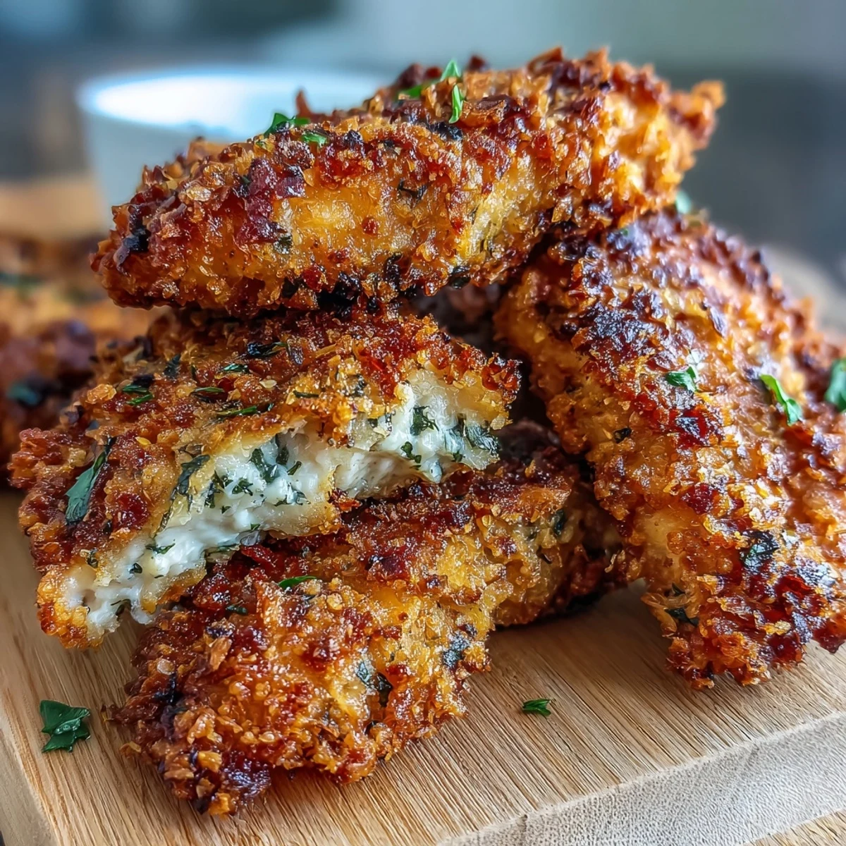 Family-friendly Panko Ranch Chicken Tenders on a plate, ready to be dipped in honey mustard or ranch sauce.