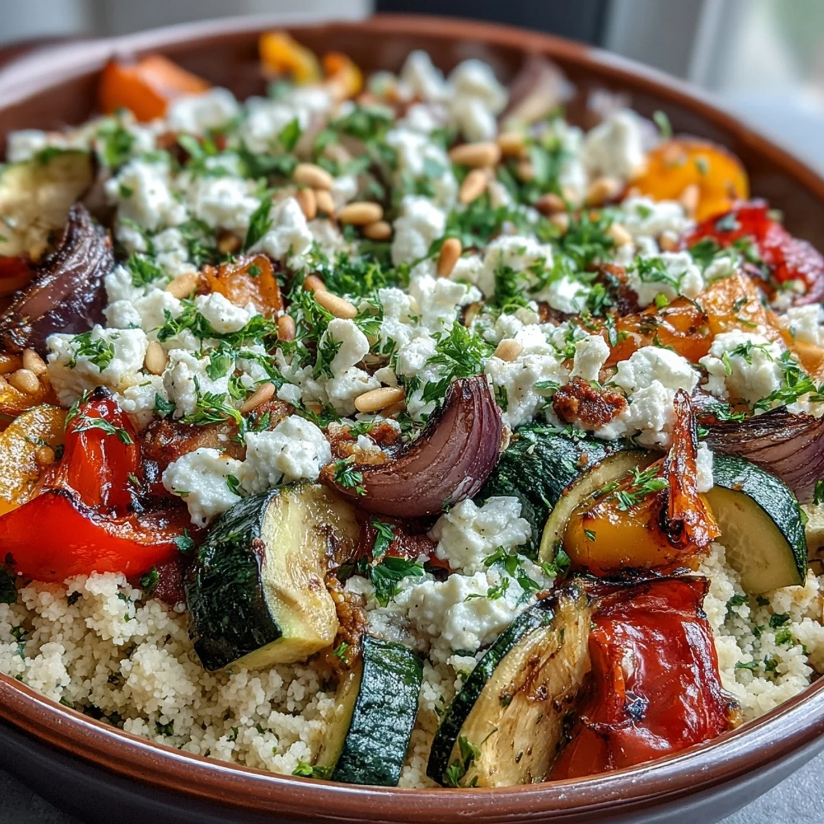 Golden roasted zucchini, bell peppers, and eggplant mingle with fluffy couscous and crumbled feta in this Mediterranean bake.  
