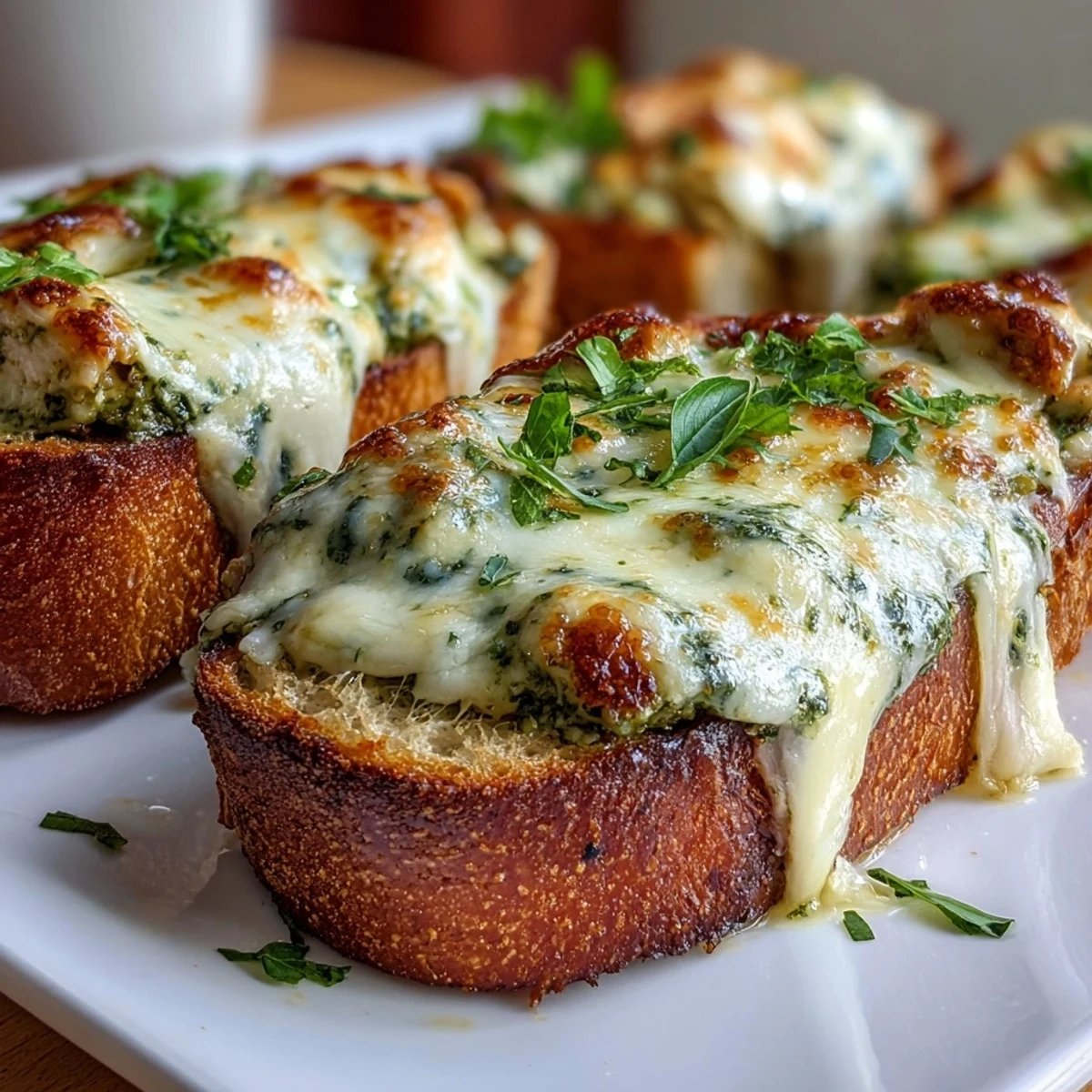 Spicy Pesto Chicken Garlic Bread Boats bubbling with cheesy, garlicky filling on a rustic serving board.