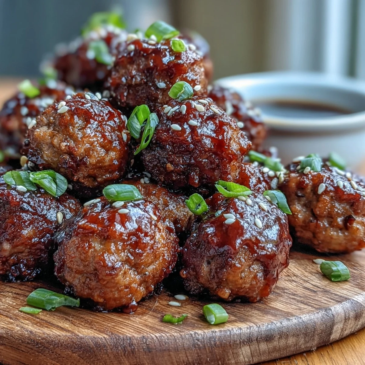 Garnished Spicy Chili Honey Turkey Meatballs in crisp lettuce cups, topped with sesame seeds and fresh cilantro, ideal for an easy appetizer platter.