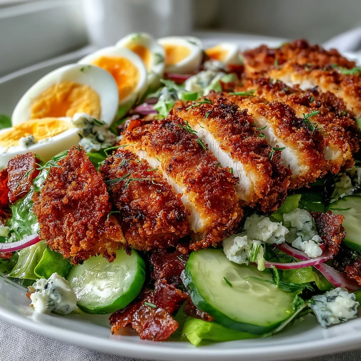 Golden-brown, crispy Parmesan Crusted Chicken slices rest on a vibrant Cobb salad with avocado, bacon, and blue cheese.