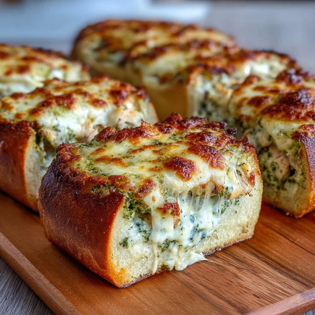 Golden baked Pesto Chicken Garlic Bread Boats filled with gooey mozzarella and herbs on a serving tray.