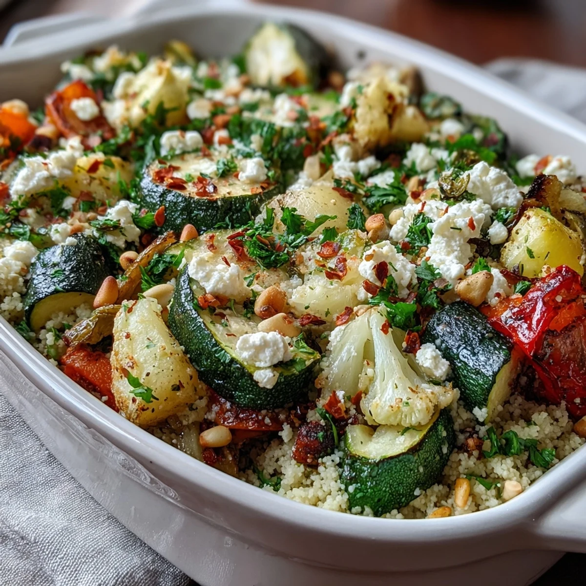 Golden, roasted vegetables and fluffy couscous baked with melty feta cheese in a dish.