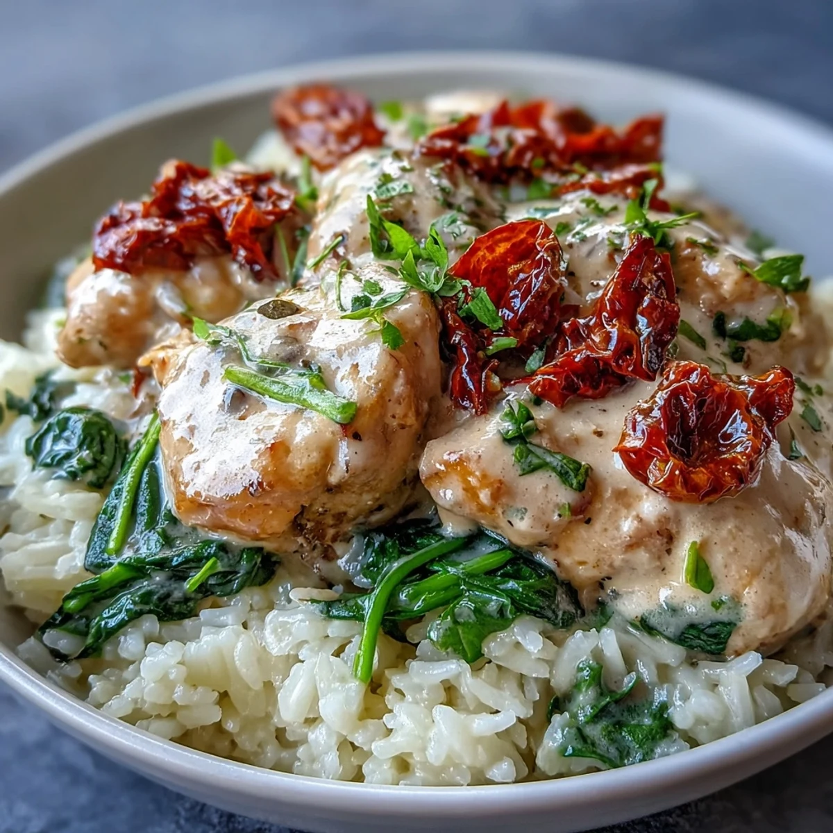 Savory bites of seasoned chicken and bright sun-dried tomatoes mingle in a creamy garlic-Parmesan sauce. Served over fluffy white rice in a deep skillet.