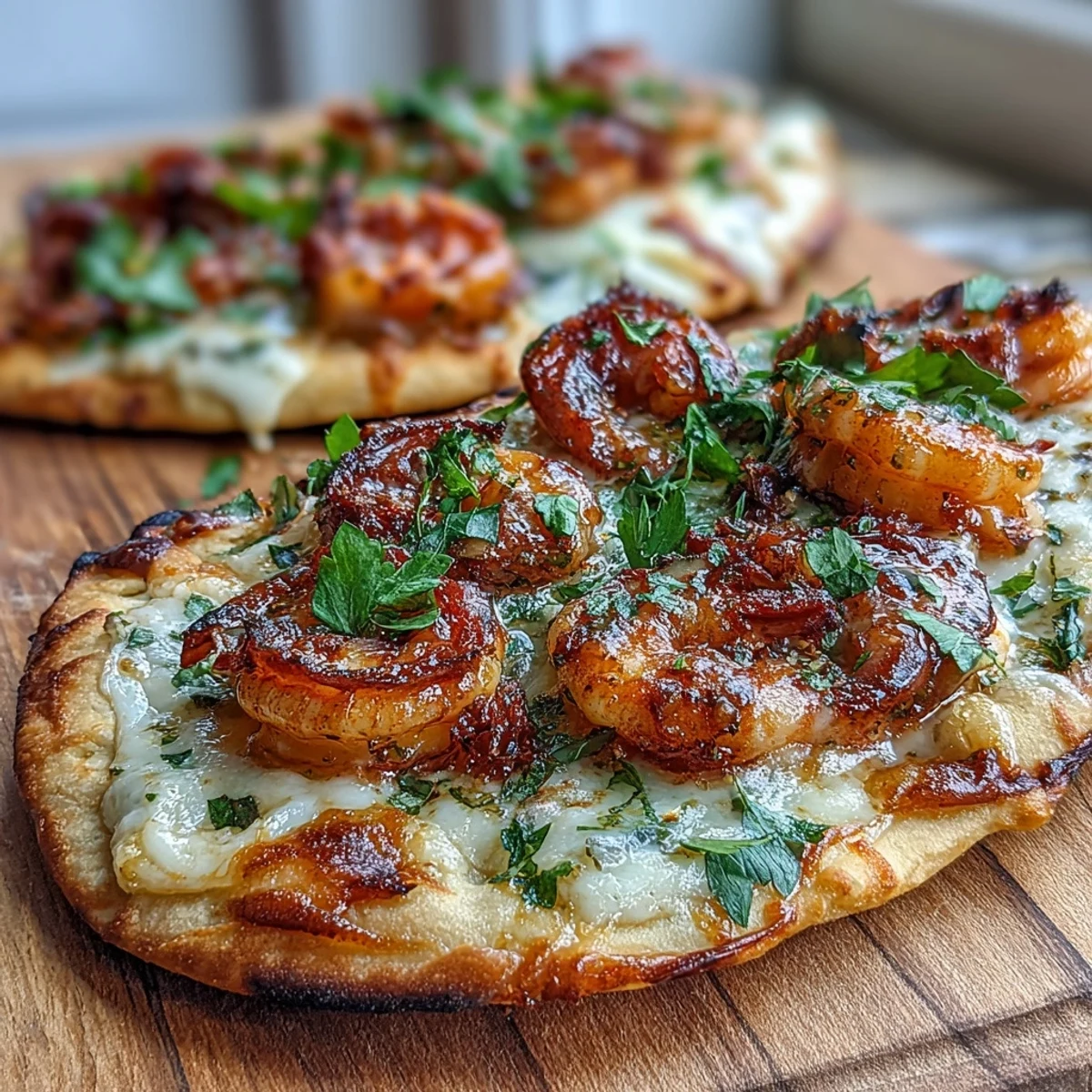 Golden, bubbling mozzarella blankets sautéed shrimp on toasted garlic naan pizza.