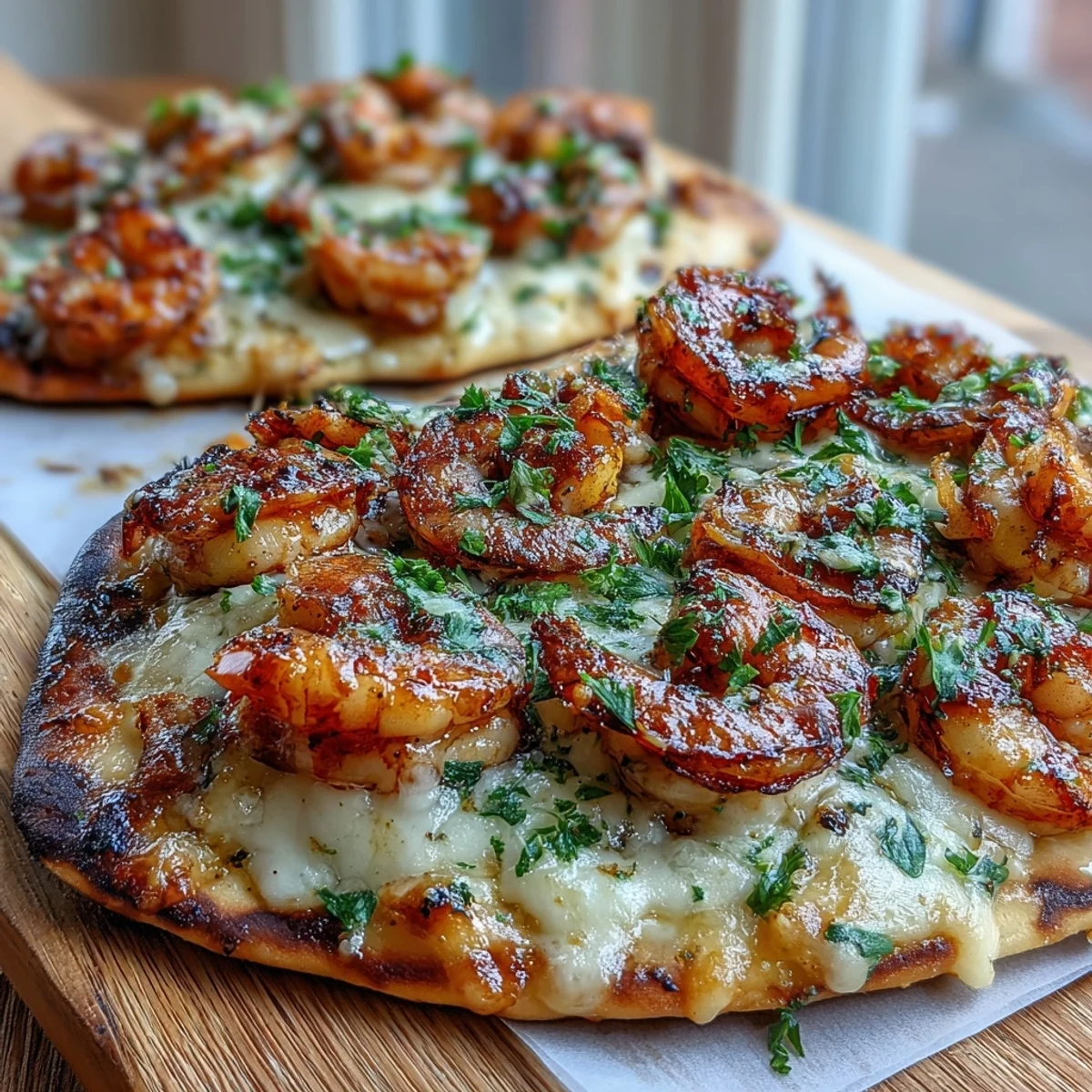 Cheesy Garlic Butter Shrimp Naan Pizzas garnished with fresh parsley, served hot.