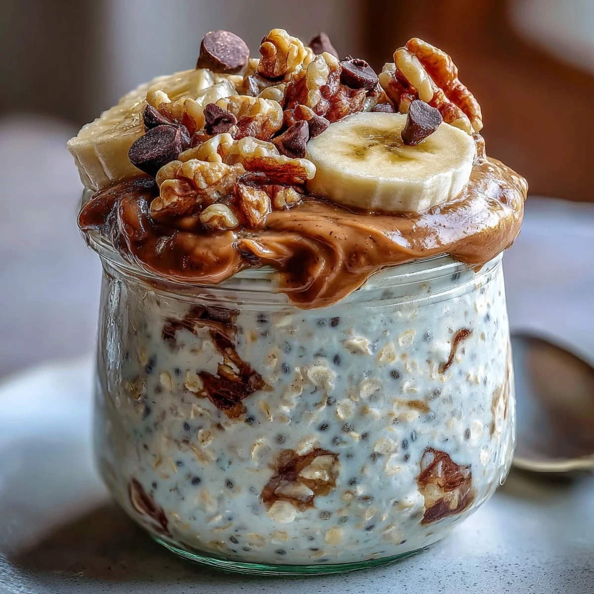 Spoon lifting a creamy serving of Chunky Monkey Protein Overnight Oats topped with walnuts and mini chocolate chips.