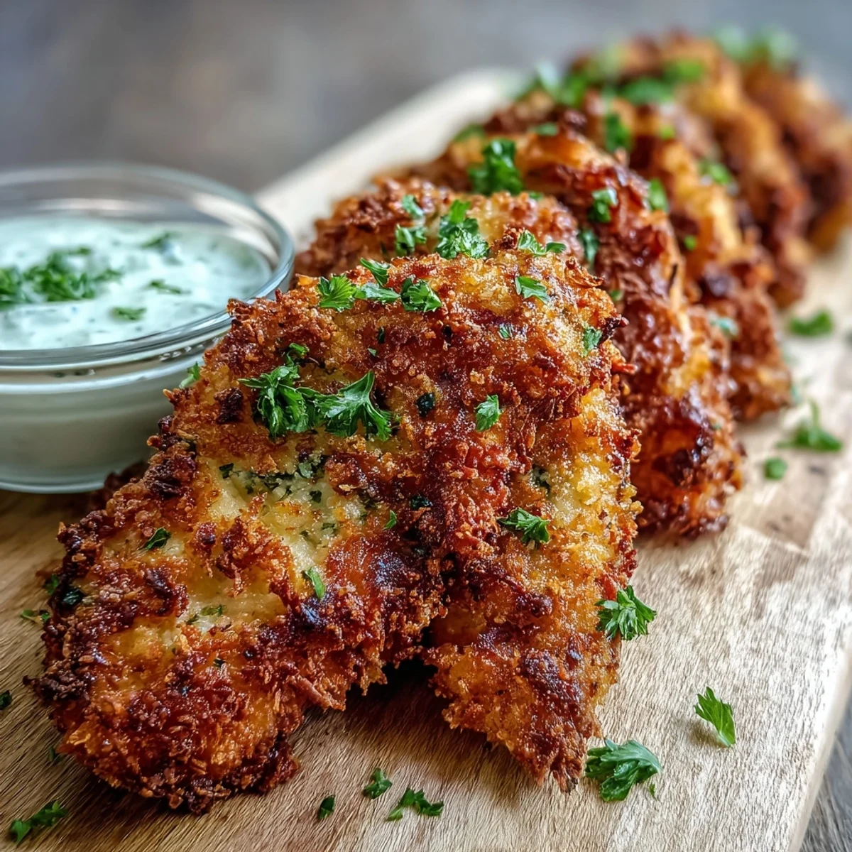 Crispy Panko Ranch Chicken Tenders baked golden and served hot with creamy dipping sauce.