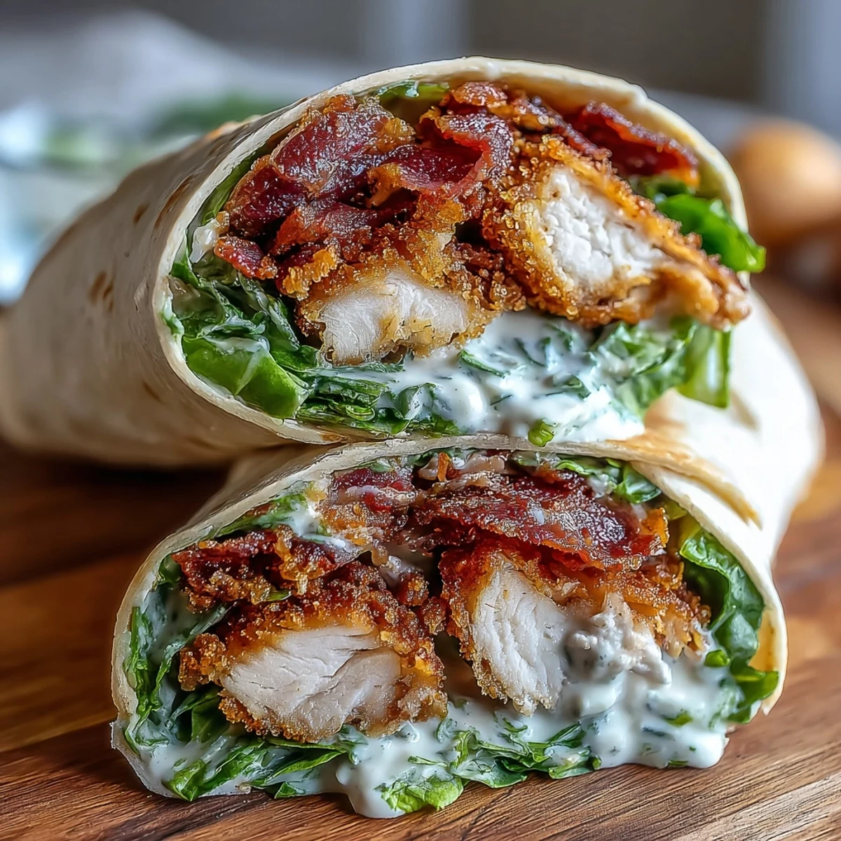 Golden-brown Crispy Chicken Bacon Caesar Wraps stuffed with creamy Caesar-dressed romaine, bacon, and sliced chicken on a white plate.
