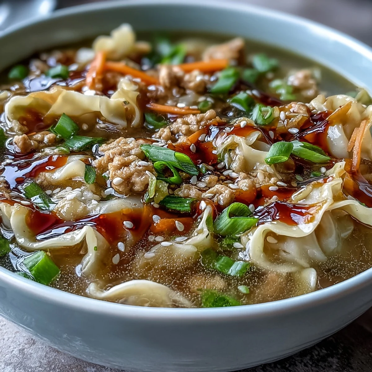 Steaming bowl of Egg Roll Soup with Chicken & Cabbage, topped with green onions and chili crisp.