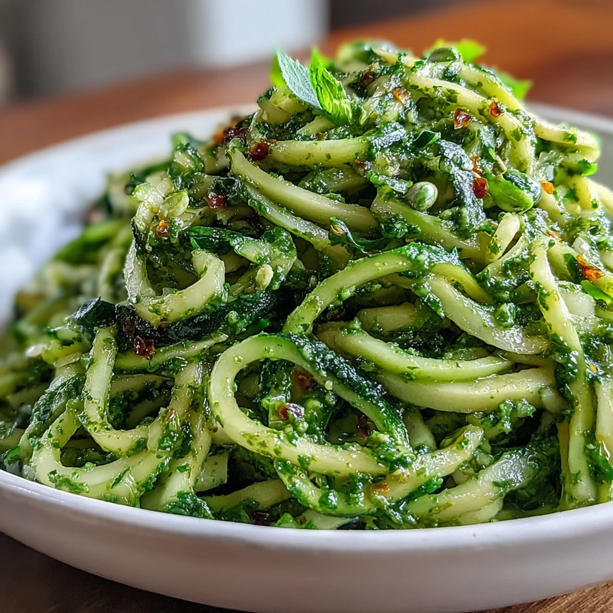 Vibrant green zucchini noodles tossed with dairy-free pumpkin seed pesto, creating a light, healthy Italian-inspired main dish.