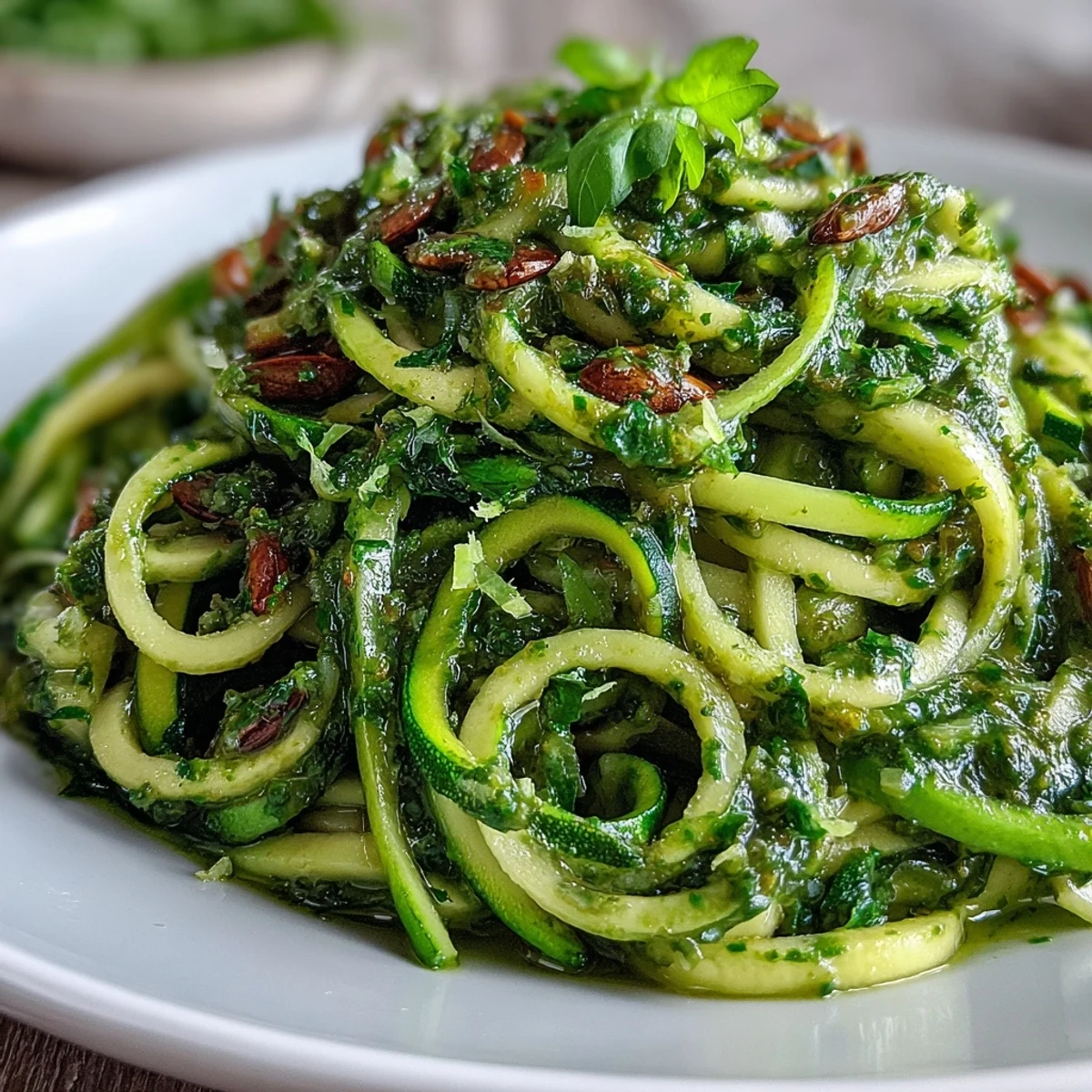 Fresh spiralized zucchini noodles coated in creamy Vegan Pumpkin Seed Pesto, topped with halved cherry tomatoes and fresh basil leaves.