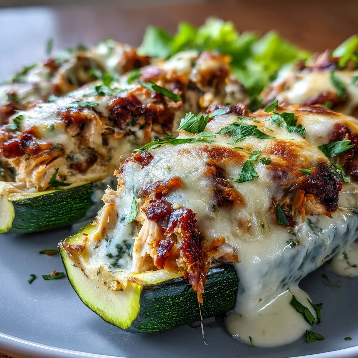 Golden baked Keto Creamy Garlic Chicken Zucchini Boats topped with bubbly mozzarella and fresh parsley, served as a low-carb dinner.