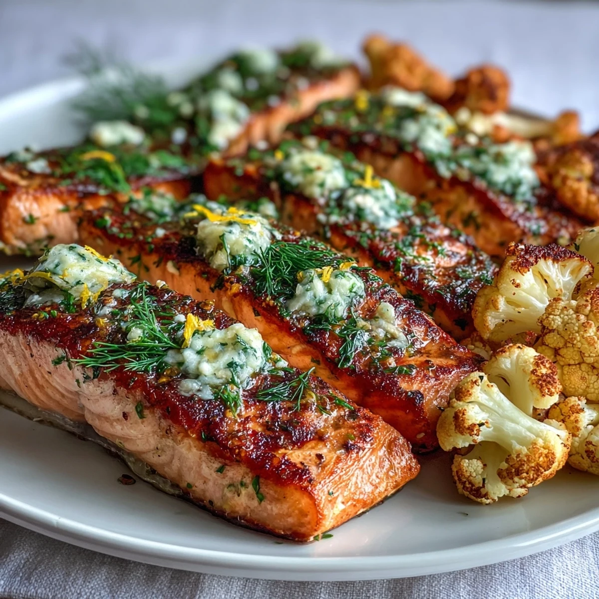 Succulent Keto Herb Butter Salmon fillets topped with golden herb butter and served alongside tender roasted cauliflower florets on a white plate.