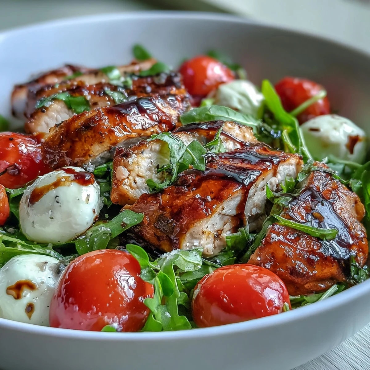 Freshly grilled chicken slices rest atop cherry tomatoes and mozzarella balls in Grilled Chicken Caprese Bowls, drizzled with dark balsamic reduction.
