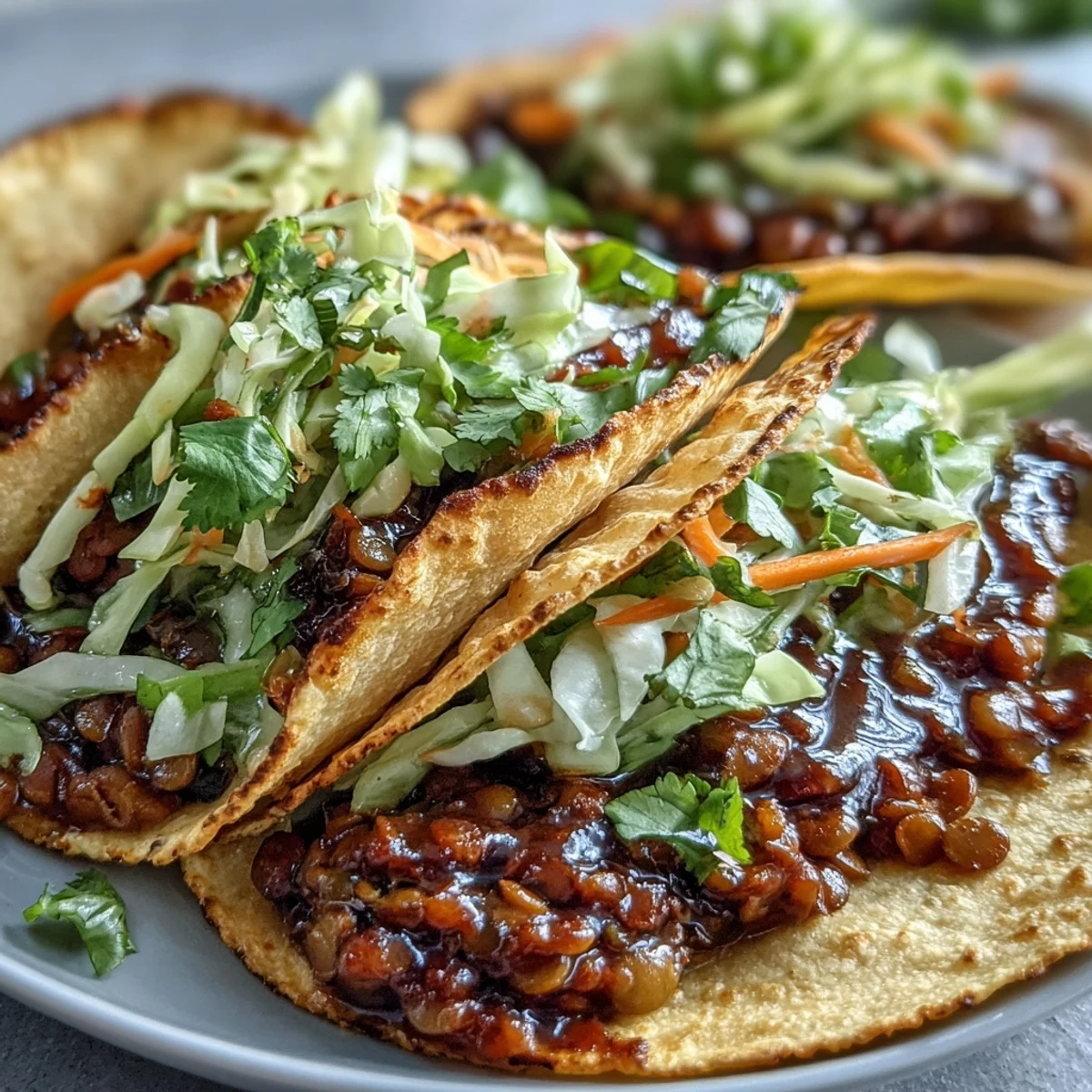 Vegan BBQ Lentil Tacos with Cabbage Slaw stacked high with smoky lentils and colorful shredded veggies on a plate.