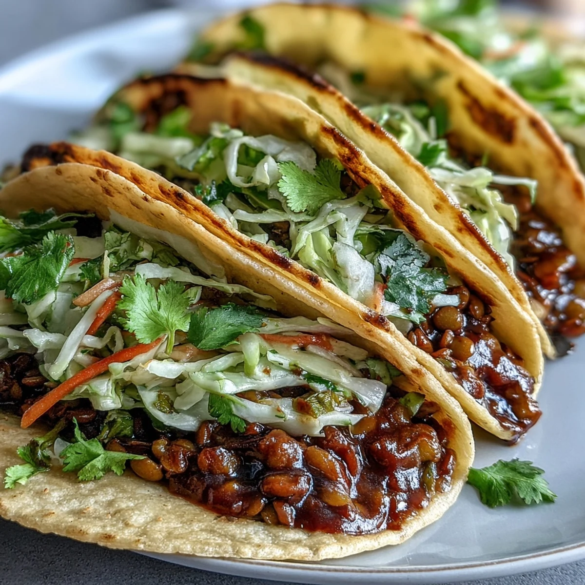 A close-up of Vegan BBQ Lentil Tacos with Cabbage Slaw, showing lime wedges and fresh cilantro garnish.