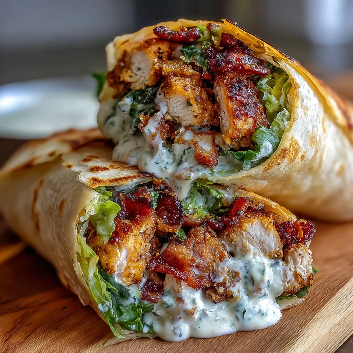 Crispy Chicken Bacon Caesar Wraps with golden fried chicken, smoky bacon, and creamy dressing in a soft tortilla.