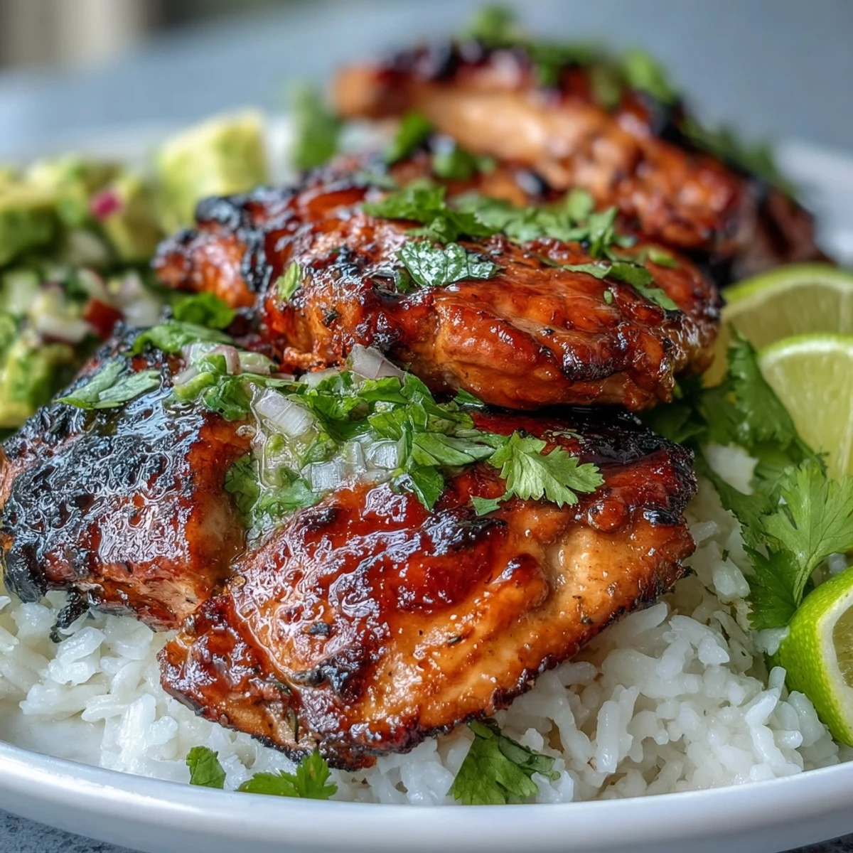 Grilled honey-lime chicken slices stacked with fragrant rice and topped with fresh avocado mix for a zesty, satisfying main dish. Perfect for weeknight dinners or entertaining.