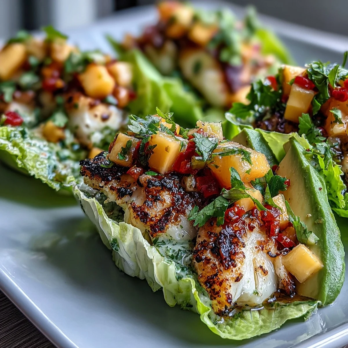 Fresh grilled fish tacos in crisp lettuce shells topped with a colorful mango salsa — a light, healthy, and flavorful meal perfect for summer.