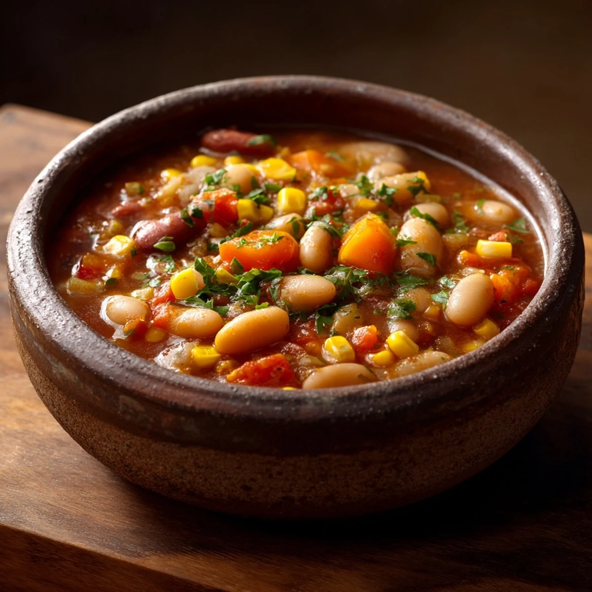 A hearty pot of Black-Eyed Pea Chili cooks with diced vegetables, corn, and warming spices like cumin and paprika.