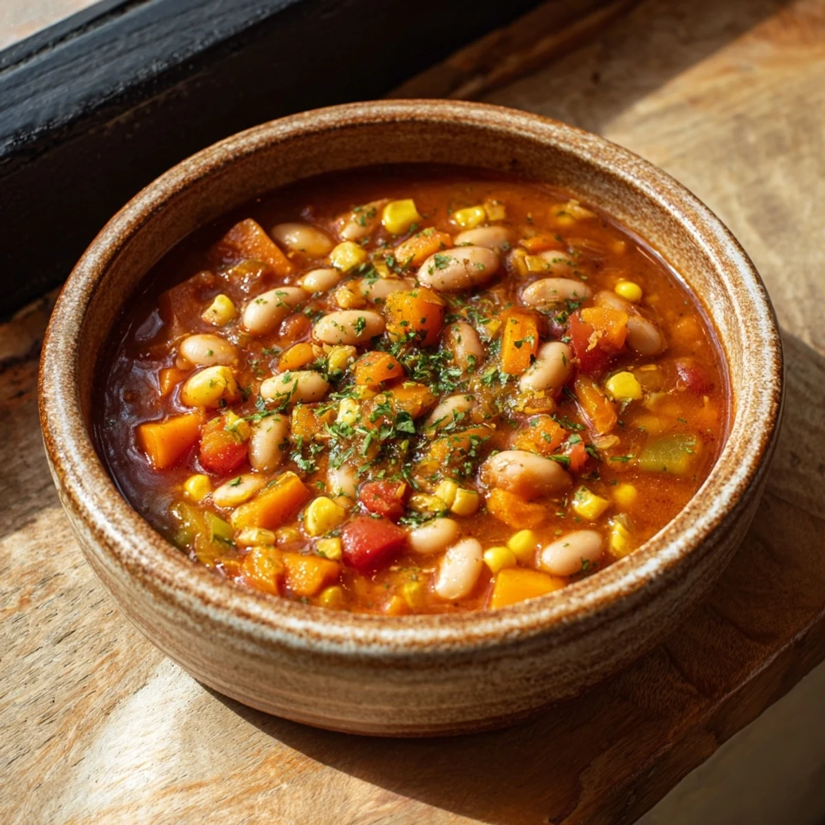 Thick Black-Eyed Pea Chili steaming in a rustic bowl, topped with sour cream, chopped cilantro, and shredded cheese.
